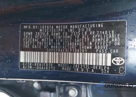 2020 Toyota Corolla Le z USA, uszkodzony, nr VIN 5YFEPRAE8LP108201